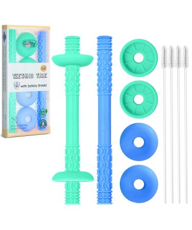 Teething Tube with Safety Shield Baby Hollow Teether Sensory Toys Gum Massager  Food-Grade Silicone for Infant 3-12 Months Boys Girls  1 Pair with 4 Cleaning Brush Included (Emerald+Blue) Emerald+Gray