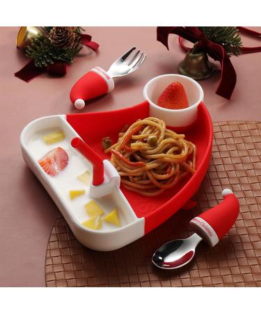 BEWOS Christmas Style Baby Weaning Set - 5PCS Baby Cutlery & Feeding Set with Suction Plate, Stainless Steel Fork & Spoon - Perfect Gift for Babies - Buy Online on GoSupps.com