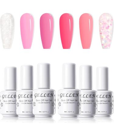 Gellen Gel Nail Polish Kit - 6 Stunning Shades Hot Baby Pink Glittering Pink Shimmer White Mermaid Pearl Shell Gel Polish Set Thread Effect Soak Off Gel Holiday Gifts for Women Pretty in Pink - Buy Online on GoSupps.com
