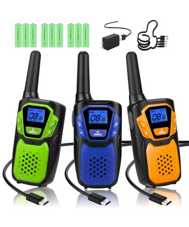 Walkie Talkies 3 Pack, Rechargeable Easy to Use Family Walky Talky Long Range 2 Way Radio Gift with NOAA Weather Channel Micro-USB Charger/Battery/Lanyard Hiking Camping Trip 3 pack 1Blue & 1Green & 1Orange with NOAA/USB Charger/USB Cable/Battery/Lanyard