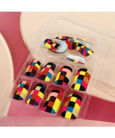 Vezocim Press on Nails - 24 Pcs Short Square Matte Acrylic Full Cover Fake Nails with Plaid Designs - Extra Short Stick-On Nails with Glue for Women & Girls - Buy Online on GoSupps.com