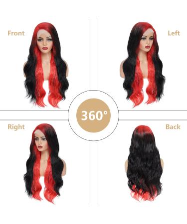 Ombre Red Root Highlight Side Part Wig | Skunk Stripe Long Wavy Synthetic Hair | Body Wave Lace Front Wig for Black Women (RS200D/1B) - Buy Online on GoSupps.com