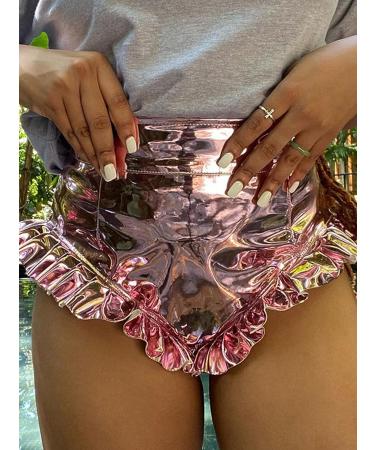 Hilinker Women's High Waisted Ruffle Trim Metallic Shiny Shorts - Small Pink | Perfect for Rave Parties & Club Events - Buy Online on GoSupps.com