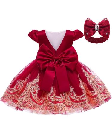 keaiyouhuo Baby Girls Lace Backless Tulle Princess Dresses Wedding Pageant Party Christening Dress with Bowknot Headwear 18-24 Months Red