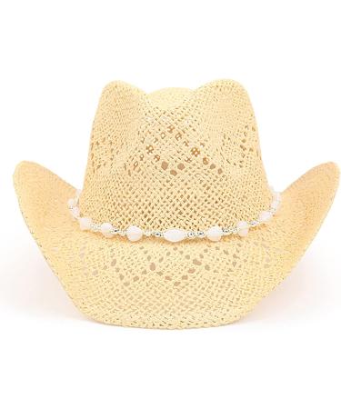 TOVOSO Western Cowgirl Hat - Beige | Shapeable Brim & Beaded Hearts Trim | Women's Straw Cowboy Hat - Buy Online on GoSupps.com