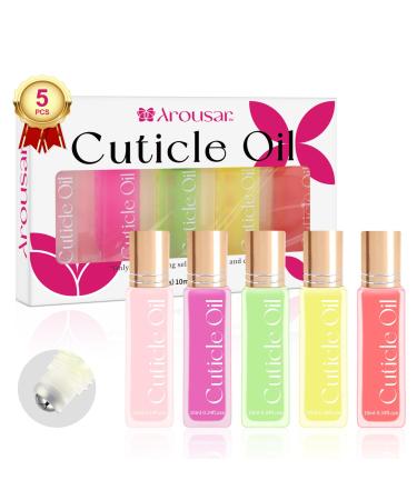 Arousar Cuticle Oil 5pcs 10ml Nail Oils Set Rollerball Applicator for Nails Natural Cuticle Care Kit Essential Oils for Nails Smoothing Nourishing and Moisturizing Sweet Peach A-Peach/ Grape/ Aloe Vera/ Lemon/ Pomegranate