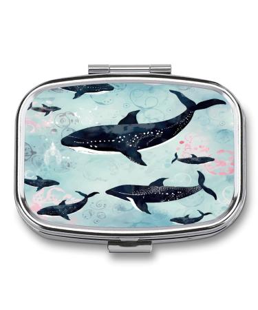 Pill Box Whale Print 2 Compartment Medicine Pill Case Pill Organizer Decorative Metal Portable Pill Box for Pocket Or Purse Style