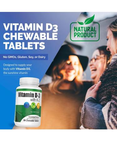 Chewable Vitamin D3 (2 000 IU) + K2 (MK7 75mcg) | 90 Count Easy Chewable Tablets for Highest Absorption | Benefits Heart Bones Skin Dental Health Regulates Immune Function | GL Nutrition - Buy Online on GoSupps.com