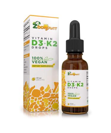 Zoomavit Vegan Liquid Drops Vitamin D3 K2 (MK7) - 100% Plant Based Liquid Vitamin D Enhanced with Coconut Oil for Max Absorption - 1 Serving  1000 IU VIT D3 and 200 mcg VIT K2