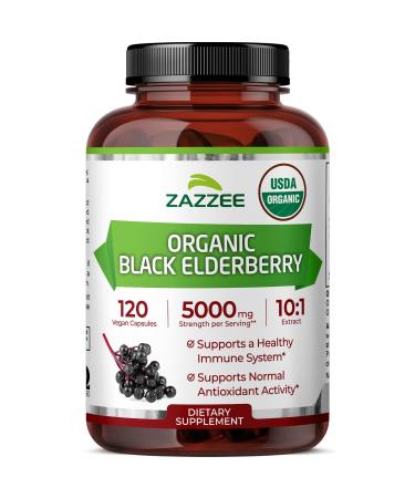 Zazzee USDA Organic Black Elderberry 10:1 Extract 5000 mg Strength 120 Vegan Capsules 2 Month Supply Standardized Concentrated 10X Extract 100% Vegetarian All-Natural Non-GMO Made in The USA