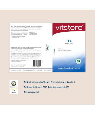  Vitstore Vitstore PEA 100% Pure 150 Capsules 400 mg Palmitoylethanolamide Lab Tested Vegan High Potency - Buy Online on GoSupps.com
