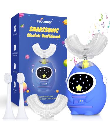 Froomer Kids U Shaped Electric Toothbrush with 4 Brush Head  3 Cleaning Modes  360  Full Mouth Cleaning Toddler Automatic Toothbrushes Smart Timer Toothbrushes for Children Blue