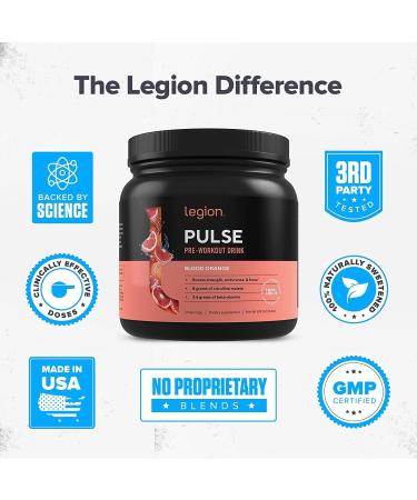 LEGION Pulse Pre Workout Supplement - Natural Nitric Oxide Energy Drink | Boost Performance, Creatine-Free Formula with Beta Alanine, Citrulline & Alpha GPC | Blood Orange Flavor | 20 Servings - Buy Online on GoSupps.com