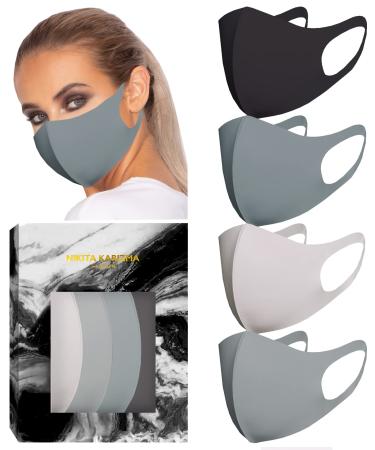 KARIZMA Styling Essentials Cloth Face Mask for Women Pack. 4 Buttery Soft Masks Washable Fabric. (Greys) Grey Soft and Dark Grey Black Face Mask Reusable. Stretchy Comfortable Fresh Facemask.