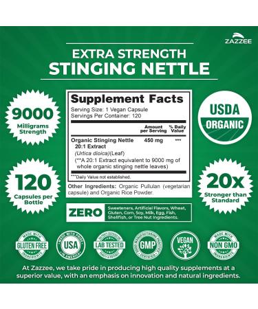Zazzee USDA Organic Stinging Nettle 20:1 Extract 9000 mg Strength 120 Vegan Capsules 4 Month Supply Concentrated Standardized 20X Extract Certified Organic 100% Vegetarian All-Natural Non-GMO - Buy Online on GoSupps.com