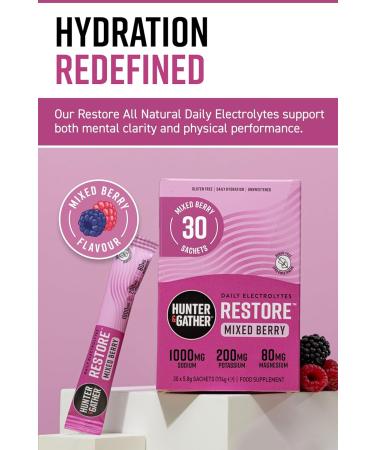 Hunter & Gather Restore Electrolytes Sachet de 30 sachets de poudre de baies M lange de baies Sans sucre Hydratation 100 % naturelle Rapport min ral optimal I Keto I Formul scientifiquement - Buy Online on GoSupps.com