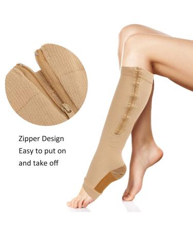 High Elastic Compression Socks with Zipper | Soft Nylon Washable Open Toe | Reusable Calf Support Stockings for Men & Women (L XL Skin Color) - Buy Online on GoSupps.com