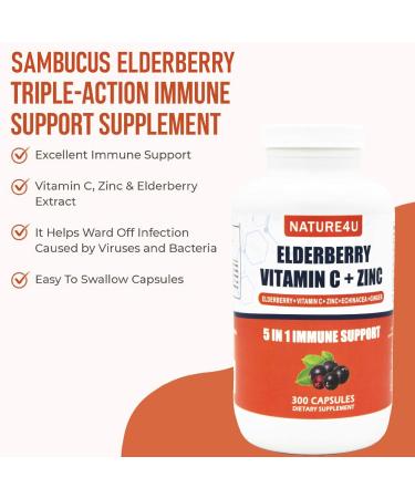 Nature4U 5 in 1 Elderberry Immune Support Supplement Daily Immune Boosters for Adults Antioxidants Supplement Elderberry 1000 mg Vitamin C Zinc Echinacea Ginger 300 Vegan Capsules - 5 Month - Buy Online on GoSupps.com