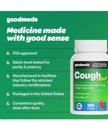 GoodMeds Cough Relief for Adults Softgels Dextromethorphan HBr (DXM) 15mg 8Hour Non-Drowsy Long-Lasting Bronchial Suppressant for Dry Cough and Chest Congestion (120 Count) - Buy Online on GoSupps.com