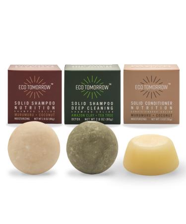 EcoTomorrow Solid Shampoo Bar & Conditioner Kit - Nourishing Bar Deep Cleansing Bar Moisturizing Conditioner Bar - Plastic Free All Natural Hair Product Plant-Based Vegan Waterless - Variety Pack of 3 Bars