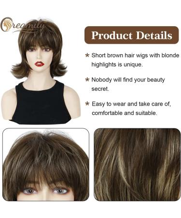 Creamily Short Brown Pixie Cut Wig for Women - Shaggy Layered 80s Mullet Rocker Style with Bangs - Synthetic Fluffy Hair Wig in Brown Highlight Blonde - Buy Online on GoSupps.com