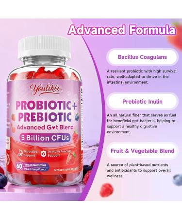Youlikee Prebiotic + Probiotic Gummies for Women and Men Probiotic Gummies for Gut Health Support 5 Billion CFUs with Fibers Vegan Sugar-Free 60 Count - Buy Online on GoSupps.com