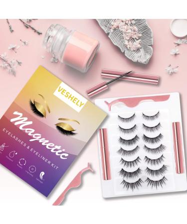 Veshely Natural Magnetic Eyelashes with Eyeliner - 7 Pairs Reusable 3D Short & Long False Lashes for a Natural Look - Buy Online on GoSupps.com