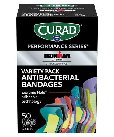 Curad Performance Series Ironman Antibacterial Bandages - Extreme Hold Adhesive Technology - Assorted Variety Pack (Standard, XL, Finger & Knuckle Fabric) - 50 Count - Buy Online on GoSupps.com