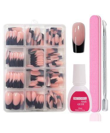 Maggidea Press on Nails 240 Pcs Coffin Fake Nails French Tip Nude Color False Nail Glossy Full Cover Glue on Nails Ballerina Nail Art Manicure Decorations for Girls Women (French-Medium Square Black)