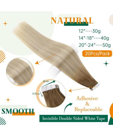 Easyouth Balayage Tape in Human Hair Extensions - Brown to Platinum Blonde Ombre, 14 Inch, 40g, 20Pcs - Buy Online on GoSupps.com