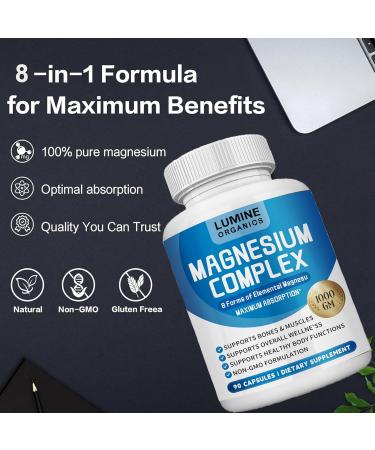 Lumine Organics Magnesium Complex Supplement 1000mg - Advanced 8-in-1 Magnesium Blend - Glycinate Citrate Malate Taurate etc. High Absorption Formula Non-GMO 90 Capsules (1) - Buy Online on GoSupps.com
