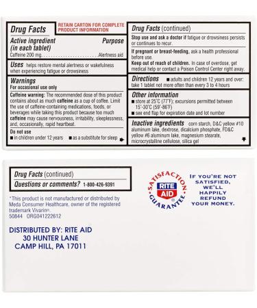 Rite Aid Stay Awake Tablets 200mg - 100 Count | Caffeine Pills for Mental Alertness and Energy Boost - Buy Online on GoSupps.com