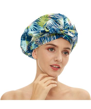 Shower Cap for Women Long Hair  Reusable Waterproof Adjustable Shower Bonnet Cap  Washable Shower Bath Hair Cap for All Hair Length(Green-Leaves)