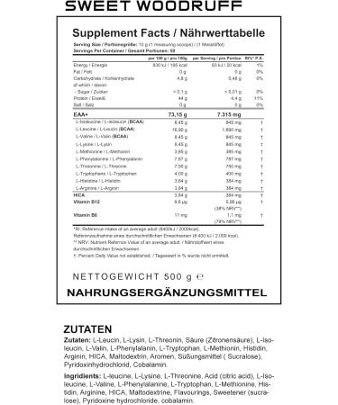 EVOLABS EAA+HICA - Vegan Amino Acids for Muscle Building & Protection | 500g Sweet Woodruff - Sugar-Free Fruity Taste No Preservatives - Buy Online on GoSupps.com