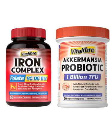 Iron Complex Supplement 60 Capsules & Akkermansia Muciniphila Probiotic 1 Billion TFU 30 Capsules