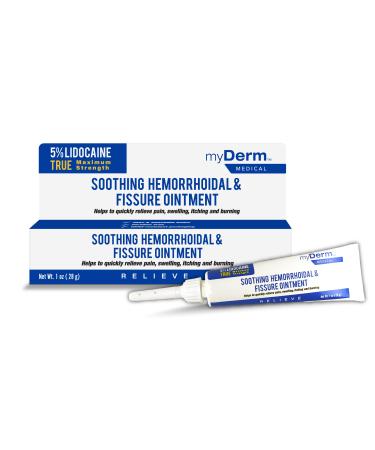 Myderm Medical 5% Lidocaine Hemorrhoidal Ointment - 1 Tube 1oz - Maximum Strength Ointment for Hemorrhoid Treatment Support - Soothes Swelling Itching Burning Pain - Made in The USA 1 Ounce (Pack of 1)