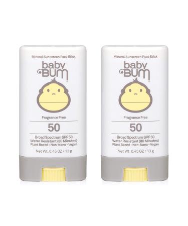 Baby Bum Mineral Sunscreen Face Stick - SPF 50 - UVA,UVB Face and Body Protection - Fragrance Free Safe for Sensitive Skin- Travel Size 0.45 Ounce (Pack of 2)