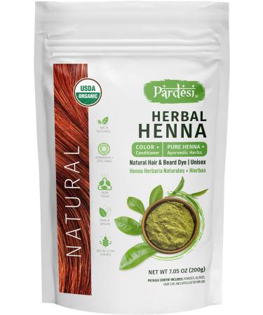 Pardesi Hair Henna Powder I USDA Organic I 7.05 oz (200 Gram) | Natural Hair & Beard Dye I Unisex I Natural Color I Amonia and PPD Free I Includes Gloves Hair Cap and Applicator I From India