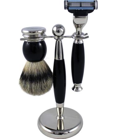 Hans Baier - Shaving set razor brush silver tip holder black/chrome