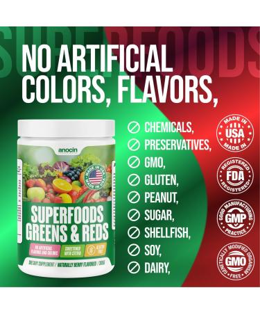 anocin Greens + Reds Superfood Powder Organic Spirulina Chlorella Wheatgrass & Berry Antioxidants Probiotics + Digestive Enzymes 30 Servings No Sugar Great Taste Mixes Smoothly - Buy Online on GoSupps.com