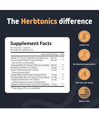 Herbtonics Shilajit for Men & Women with Ashwagandha Korean Red Ginseng Rhodiola Rosea Ginkgo Biloba Tongkat Ali | Fulvic Acid & Trace Minerals for Stamina & Immunity | 60 Vegan Capsules - Buy Online on GoSupps.com