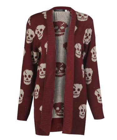 Fast Fashion Ladies Long Sleeves open Cardigan Skull Owl Front and above 36 Wine