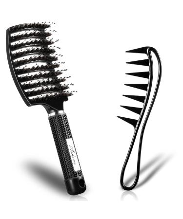 Ashine Detangler Hair Brush ,Vented Detangling Brush, Curved Boar Bristle Brush & Wide Tooth Comb 2PCS Set for Curly Wet Dry Hair or Wig for Women Men (Black)