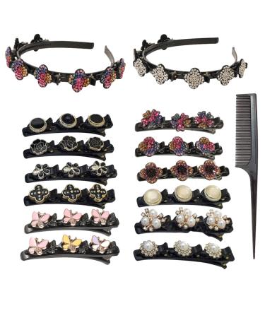 15 PCS Braided Hair Clips for Women Sparkling Crystal Stone Braided Hair Clips Hairpin Headbands for Women - Leaf Clover Chopped Hairpin Duckbill Hair barrettes for Women Girls Ponytail Double Satin Fabric Hair Bands Acc...