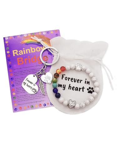 EXPAWLORER Pet Memorial Gifts - Rainbow Bridge Bracelet and Printed Keychain Engraved Forever in My Heart Pet Loss Remembrance Gifts for Dogs Cats Sympathy Memento with Rainbow Bridge Poem Card White