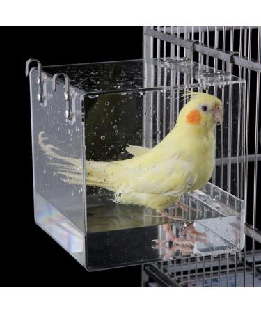Xxmbbjy Hanging Bird Bath Cube, Transparent Bath Shower Box Bowl with Stainless Steel Hooks for Small Bird Canary Budgerigar Parrots Crested Myna Cockatiel Lovebird Large