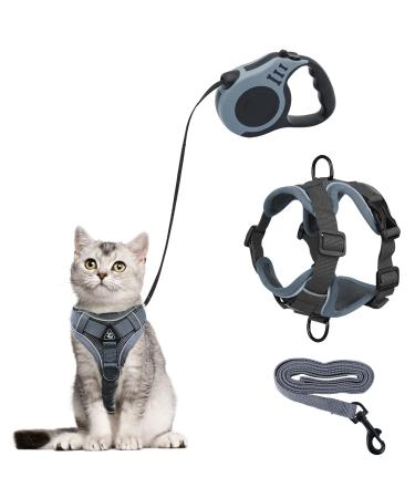 QKTYB Cat Harness and Lead Set Kitten Harness with Retractable Dog Lead 5m/16.4 Ft Automatic Extendable Cat Leash Soft Dog Harness for Cats and Small Dogs Puppy Walking (S) Grey S