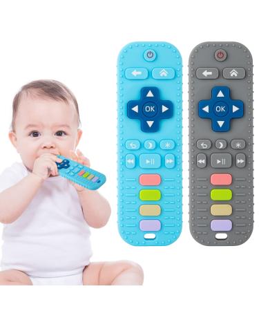 Cuibilyer Baby Teething Toys 2Pack Silicone Teething Toys for Babies 3-6Months Baby Chew Toys 6 to 12 Months Newborn Baby Teether TV Remote Control Teething Toys for Boy Girl(Blue+Grey)