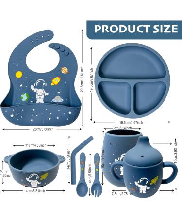 Soft Silicone Baby Feeding Set with Adjustable Bib, Suction Bowl, Plate, Straw Cup, and Utensils - Baby Led Weaning Supplies with Cute Patterns | Space & Dinosaur Design - Buy Online on GoSupps.com