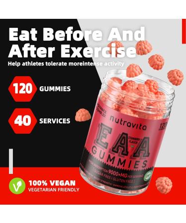 Nutravita EAA Gummies 120 Gummies (Strawberry) 9000 mg Essential Amino Acids - All 9 Essential Aminos (EAA) and All Branched-Chain Aminos (BCAAs) Non-GMO Gluten Free Vegetarian Friendly Strawberry 120 Count (Pack of 1) - Buy Online on GoSupps.com